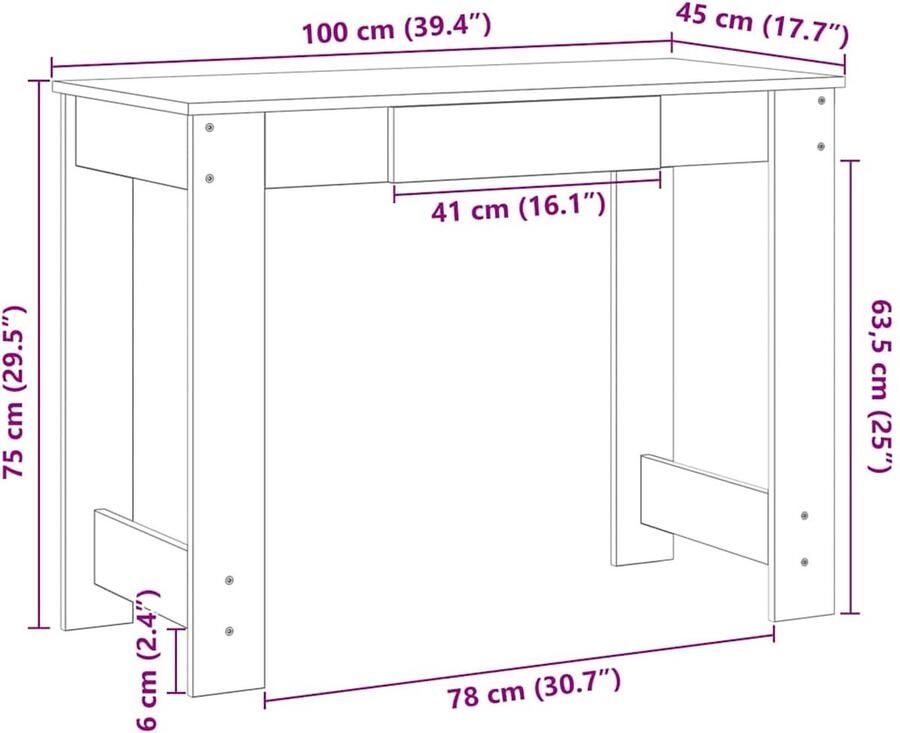 VidaXL Bureau 100x45x75 cm bewerkt hout grijs sonoma eikenkleurig