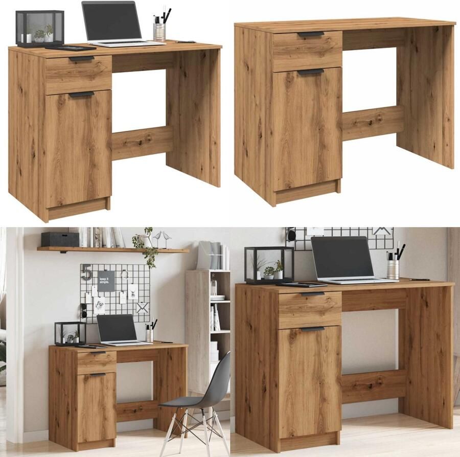 VidaXL Bureau 100x50x75 cm bewerkt hout artisanaal eikenkleur Bureau Bureaus Tafel Computerbureau