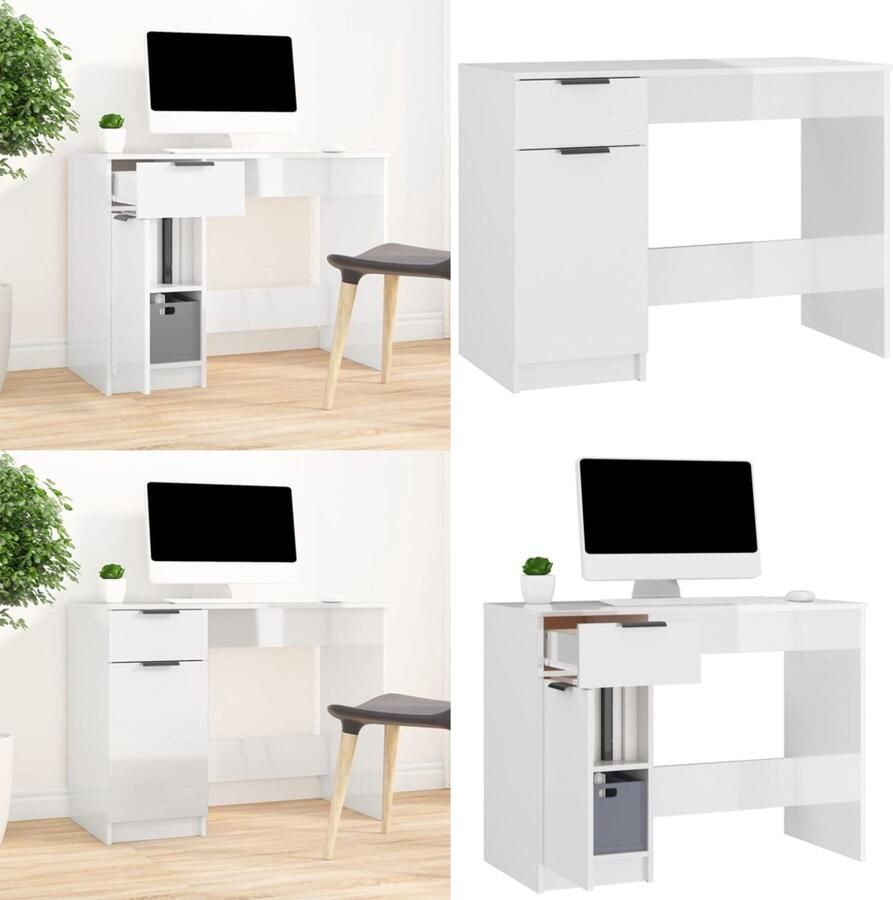 VidaXL Bureau 100x50x75 cm bewerkt hout hoogglans wit Bureau Bureaus Tafel Computerbureau