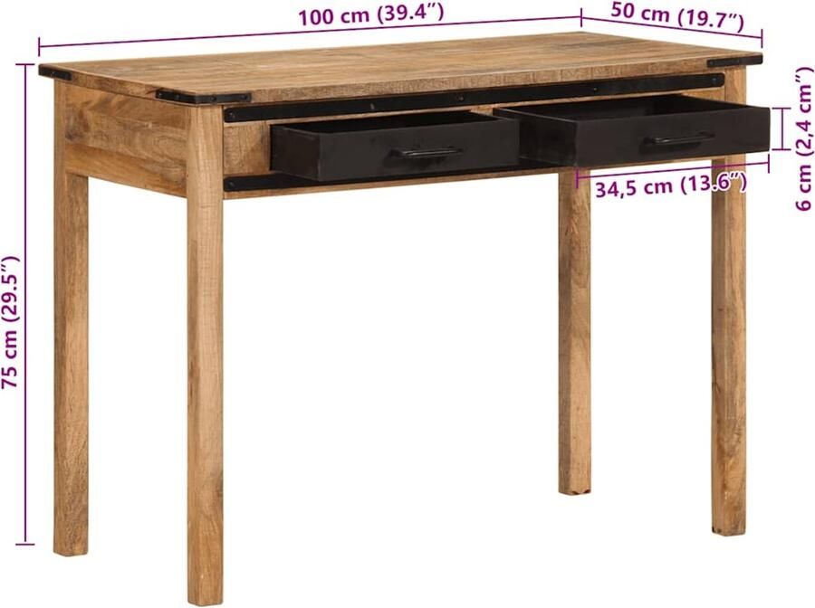 VidaXL Bureau 100x50x75 cm massief hout ruw mangohout