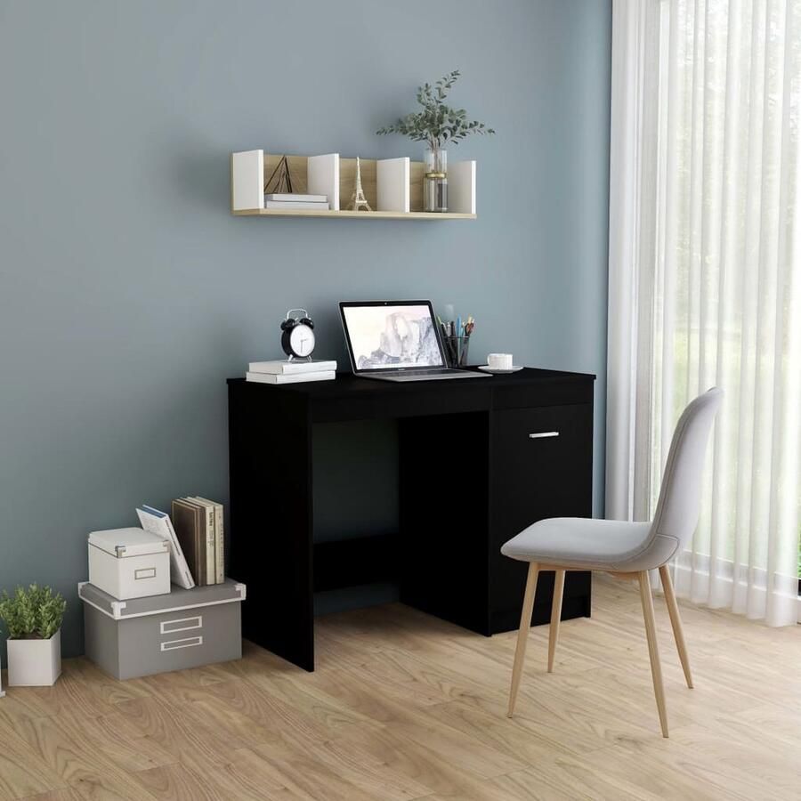 VidaXL Bureau 100x50x76 cm Bewerkt hout Zwart Modern Bureau Houten Bureau Zwarte Bureau Bureaublad Kantoor Meubilair Thuiskantoor Ergonomische Stoelen Computer Accessoires Laptop Stand Werkplek Organiseren - Foto 2