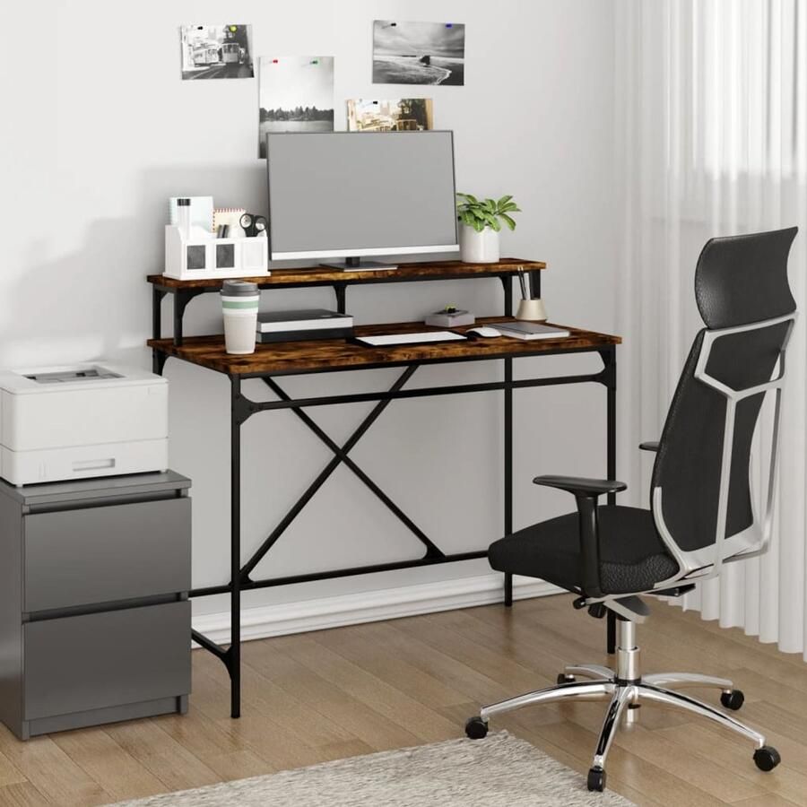 VidaXL Bureau 100x50x90 cm Gerookt eiken Industriele Bureau Houten Bureau Met Plank Computer Bureau Kantoormeubilair
