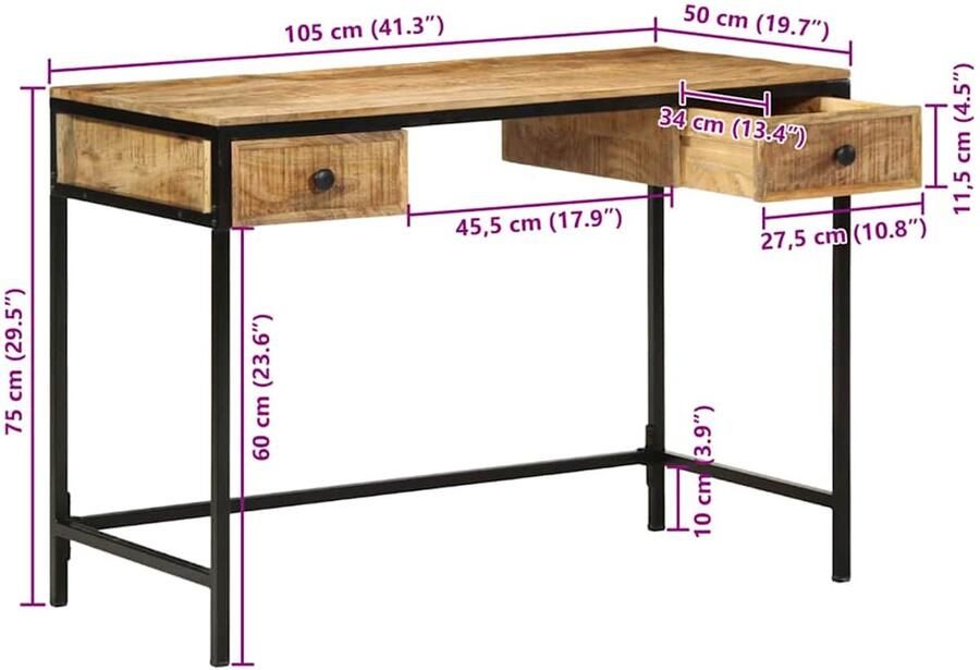 VidaXL Bureau met lade Bruin 105 x 50 x 75 cm Massief mangohout