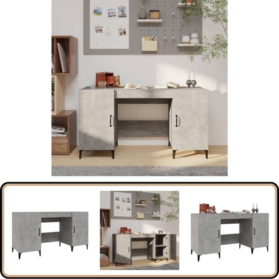 VidaXL Bureau 140x50x75 cm Bewerkt hout Grijs Industriële Bureau Beton Grijs Bureau Houten Bureau Met Opbergvakken Compact Bureau Thuiswerk Bureau