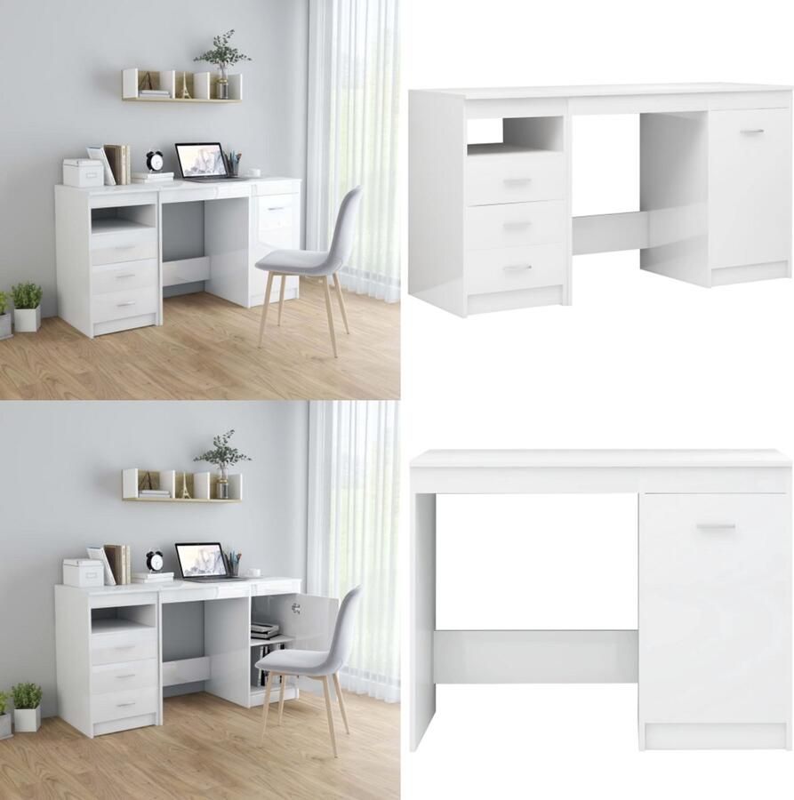 VidaXL Bureau 140x50x76 cm bewerkt hout hoogglans wit Bureau Bureaus Tafel Tafels
