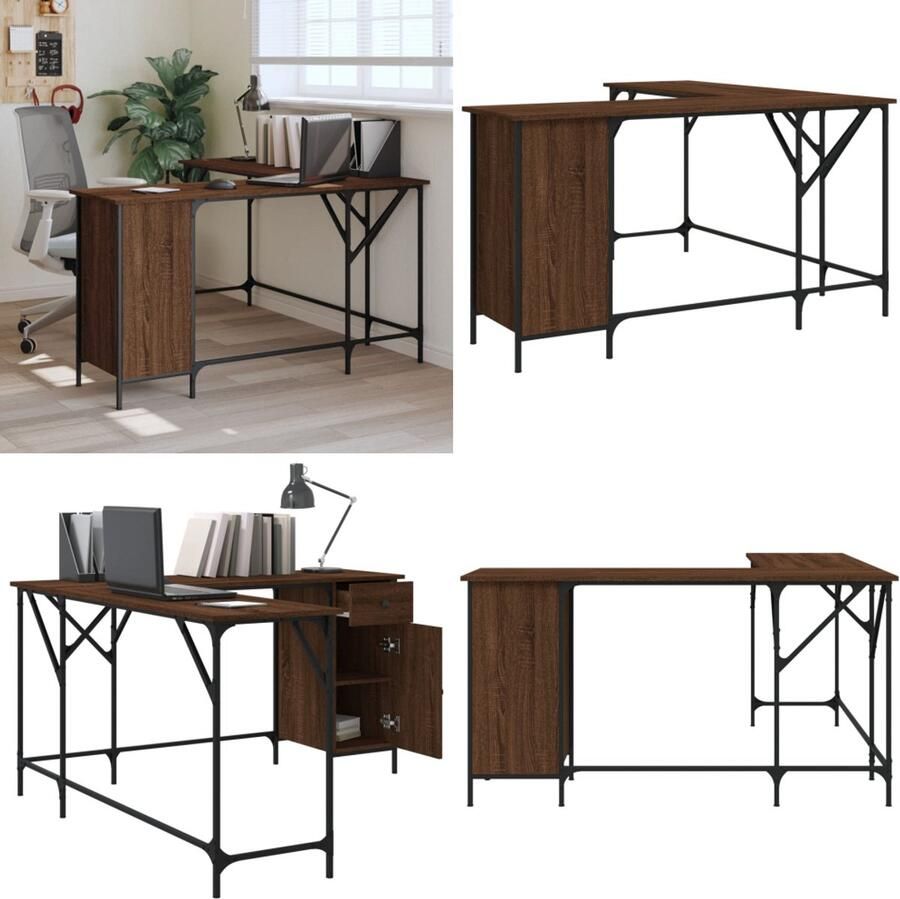 VidaXL Bureau 141x141x75 cm bewerkt hout bruin eikenkleur Bureau Bureaus Laptoptafel Computertafel