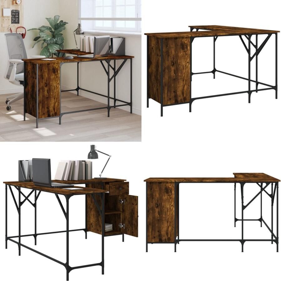 VidaXL Bureau 141x141x75 cm bewerkt hout gerookt eikenkleurig Bureau Bureaus Laptoptafel Computertafel