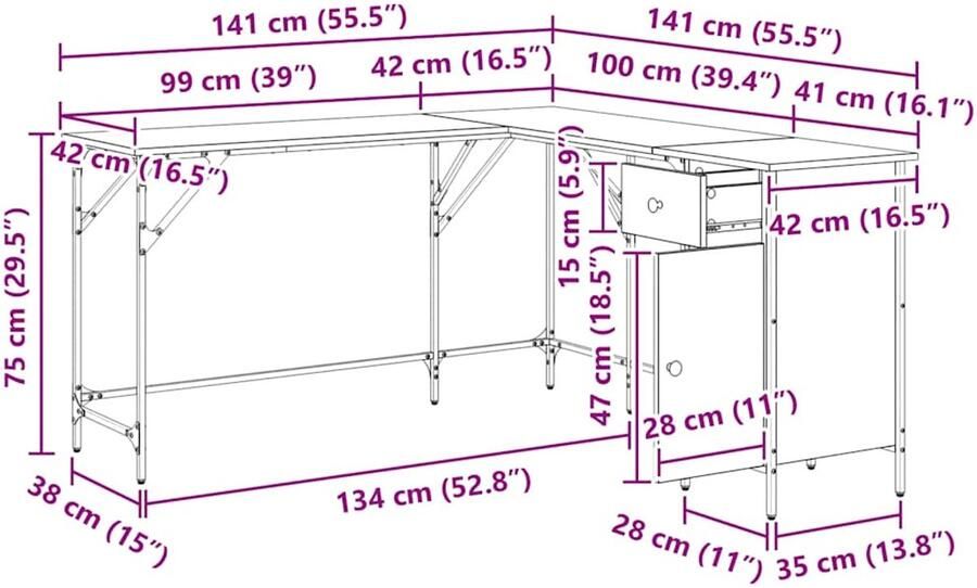 VidaXL -Bureau-141x141x75-cm-bewerkt-hout-gerookt-eikenkleurig - Foto 3