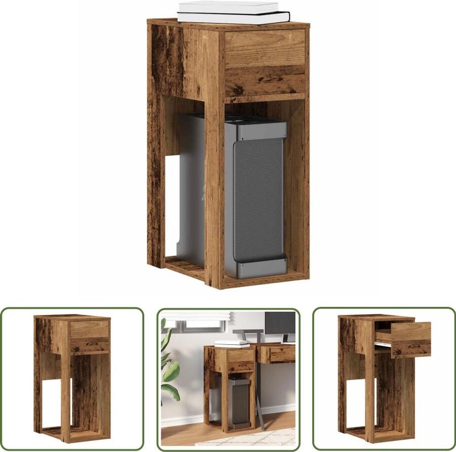 The Living Store Computertorenstandaard met lade 30x44x74 cm oud houtkleurig Computertoren Standaard Bureau Accessoires Houten Laptop Tafel Pc Houder Opslag Ruimte