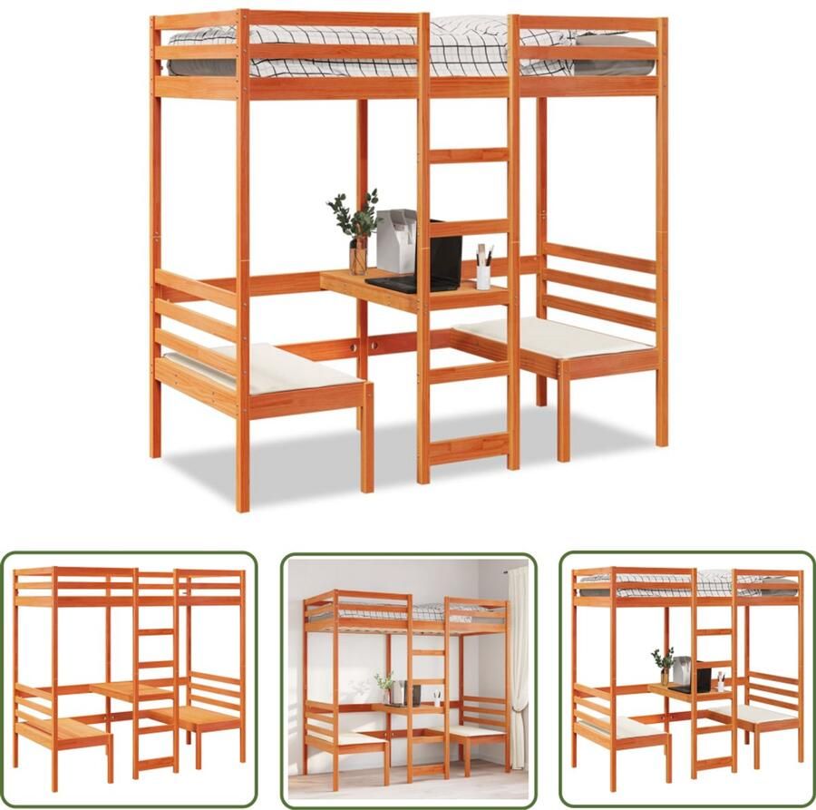 VidaXL Bureau Bed Hoogslaper met bureau en stoelen grenenhout wasbruin 80x200cm Kinderkamer Tweepersoonsslaapbank Houten Bed