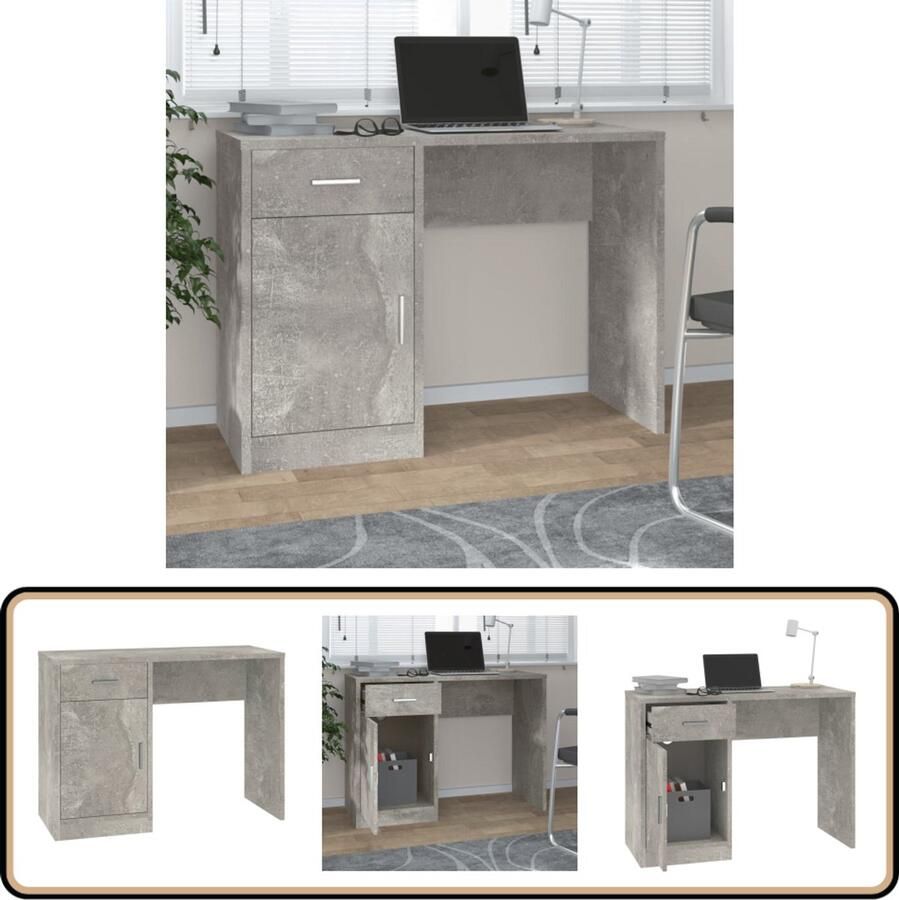 VidaXL Bureau Betongrijs 100x40x73 cm Met kast en lade Kantoormeubilair Bureau Houten Bureau Beton Grijs Bureau Met Kast Bureau Met Lade Compact Bureau