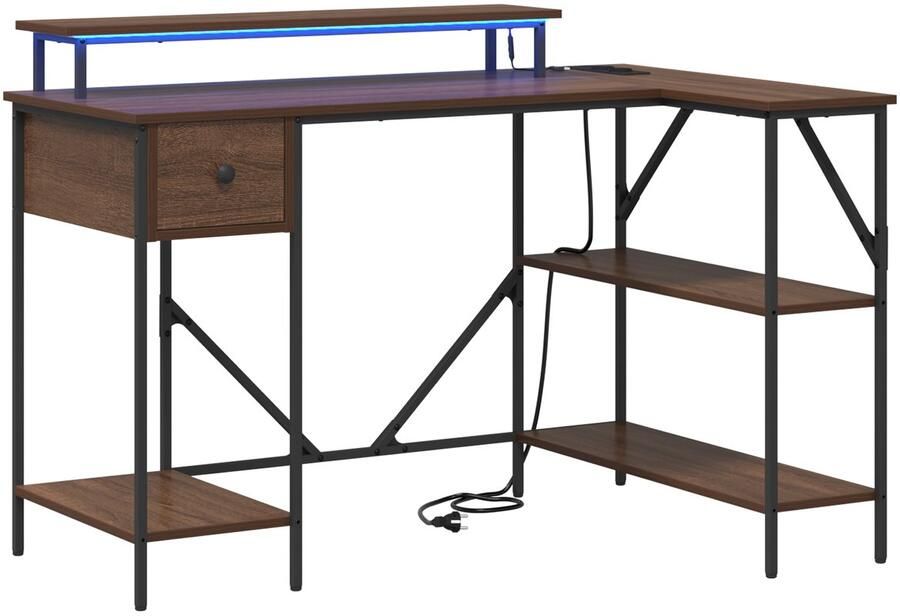 VidaXL Bureau with LED Strip Lights bruin eikenkleur Bewerkt hout