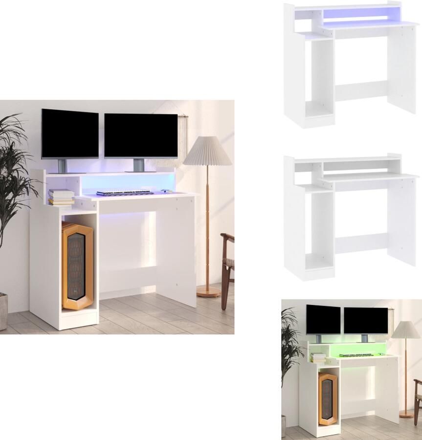 VidaXL Bureau Bureaus Houten Bureau Computerbureau Bureau met LED-verlichting 97x45x90 cm bewerkt hout wit
