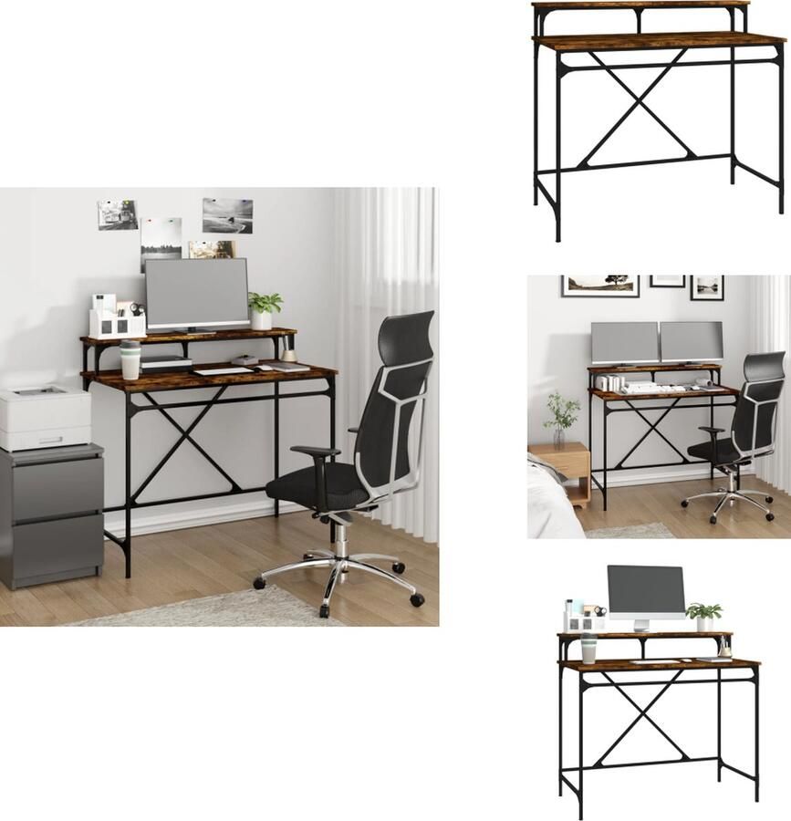 VidaXL Bureau 100x50x90 cm Gerookt eiken Industriele Bureau Houten Bureau Met Plank Computer Bureau Kantoormeubilair - Foto 3