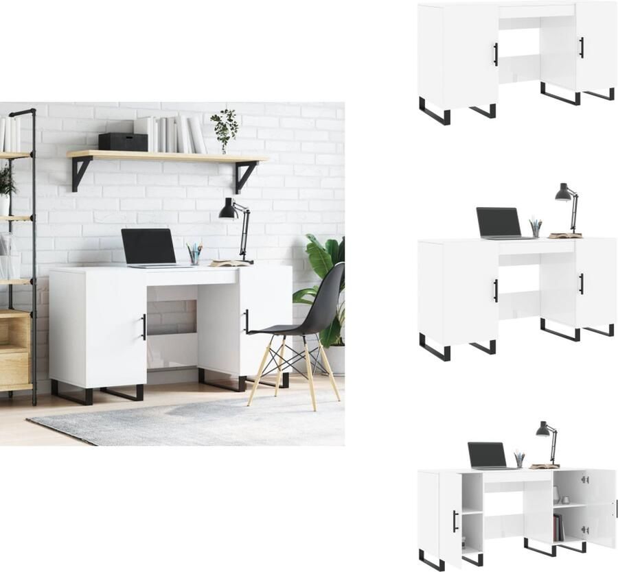 VidaXL Bureau Bureaus Laptoptafel Computertafel Bureau 140x50x75 cm bewerkt hout hoogglans wit - Foto 2