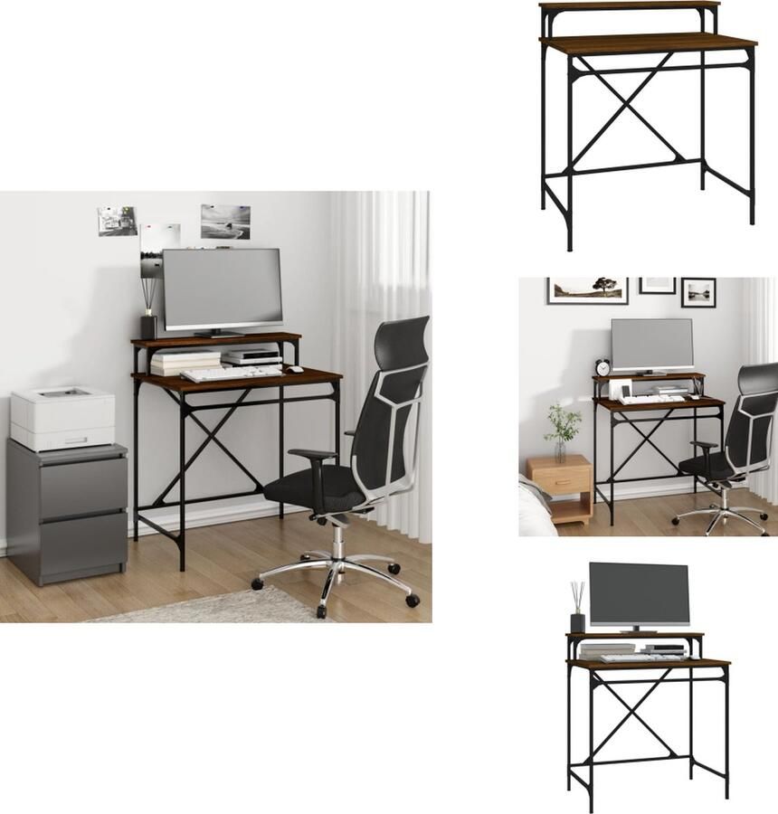 VidaXL Bureau Bureaus Laptoptafel Computertafel Bureau 80x50x90 cm bewerkt hout en ijzer bruineikenkleurig - Foto 2
