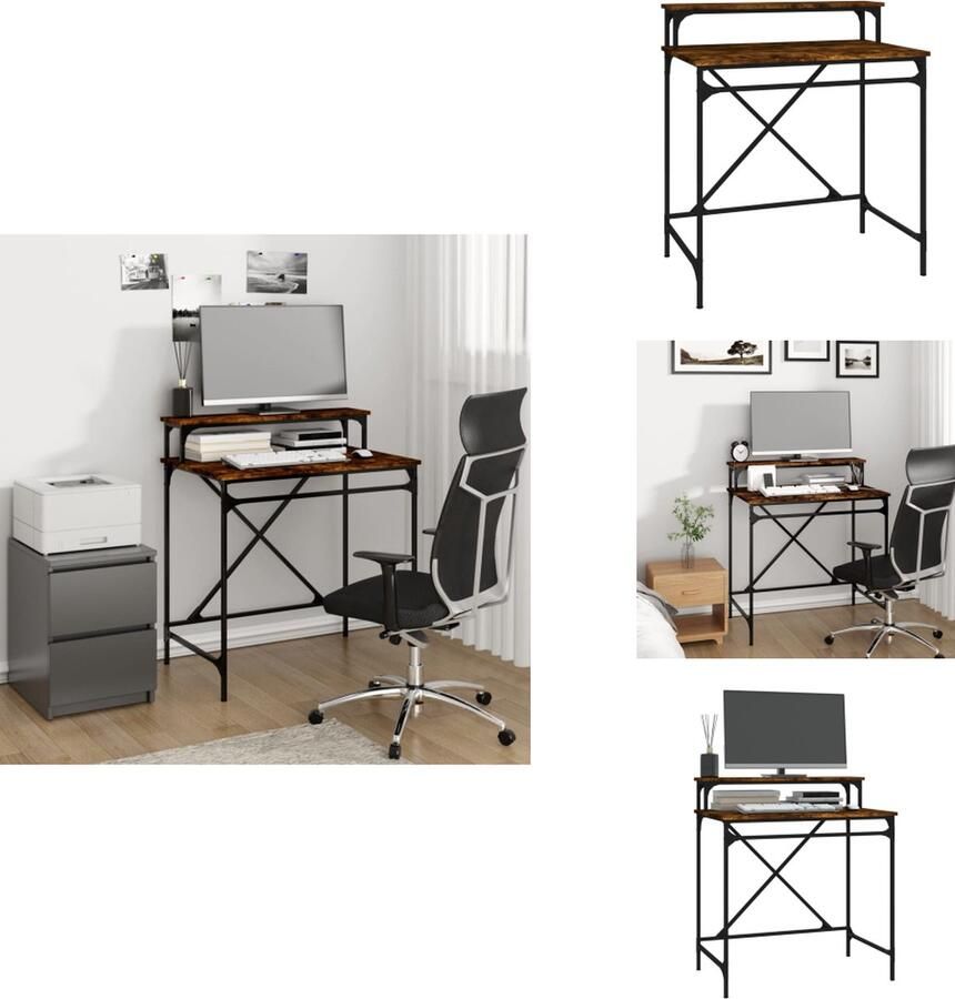 VidaXL Bureau Bureaus Laptoptafel Computertafel Bureau 80x50x90 cm bewerkt hout en ijzer gerookt eikenkleurig - Foto 2