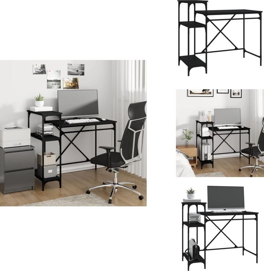 VidaXL Bureau Bureaus Laptoptafel Computertafel Bureau met schappen 105x50x90 cm bewerkt hout en ijzer zwart