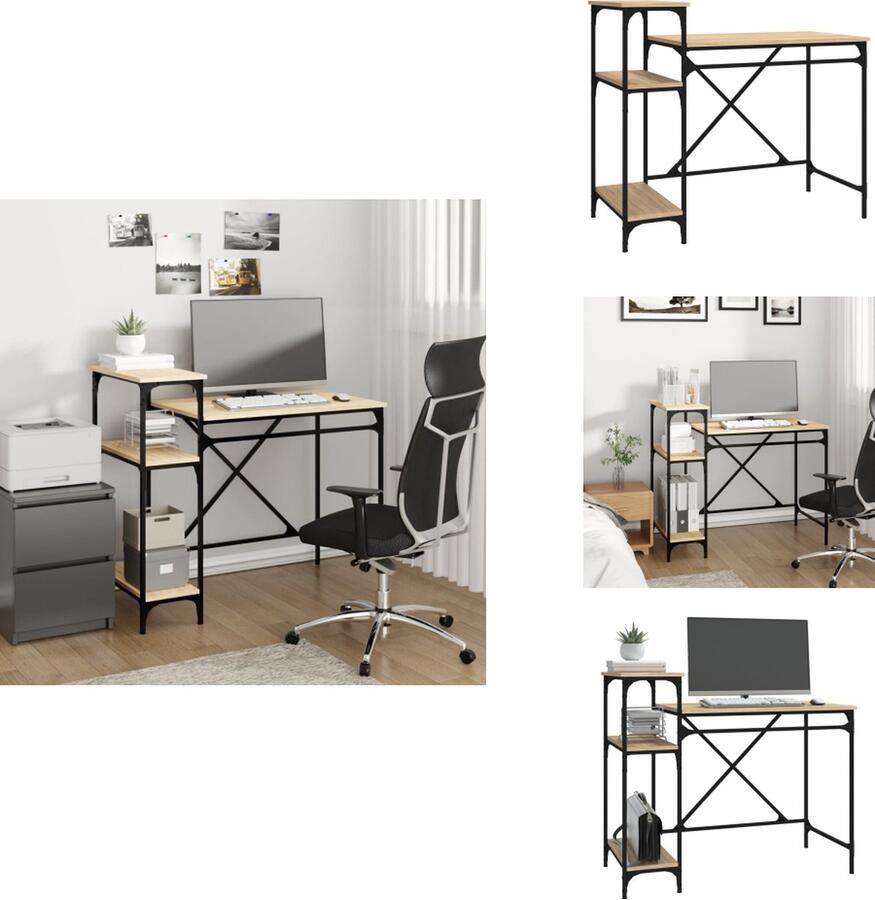 VidaXL Bureau Bureaus Laptoptafel Computertafel Bureau schappen 105x50x90 bewerkt hout en ijzer sonoma eiken - Foto 2