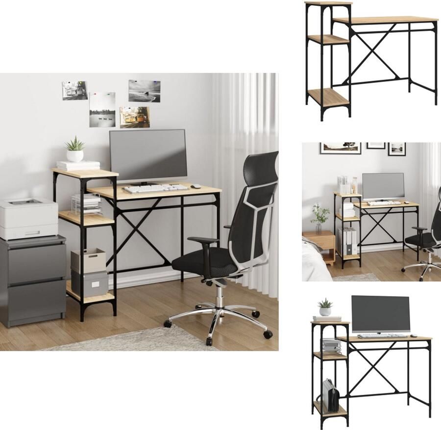 VidaXL Bureau Bureaus Laptoptafel Computertafel Bureau schappen 105x50x90 bewerkt hout en ijzer sonoma eiken