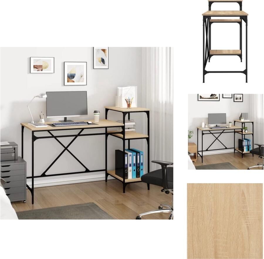 VidaXL Bureau Bureaus Laptoptafel Computertafel Bureau schappen 135x50x90 bewerkt hout en ijzer sonoma eiken