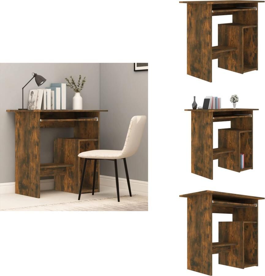 The Living Store Bureau 80x45x74 cm bewerkt hout gerookt eikenkleurig Modern Bureau Houten Bureau Bruine Bureau Compact Bureau Met Lade