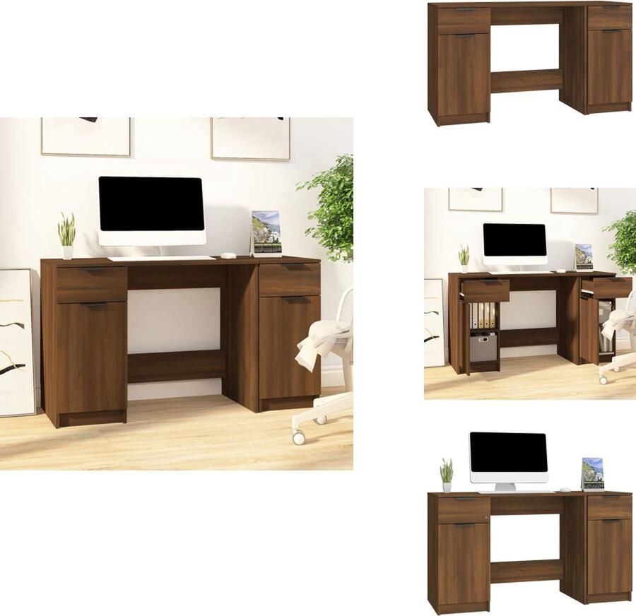 VidaXL Bureau Bureaus Tafel Computerbureau Bureau met bijzetkast bewerkt hout bruineikenkleurig - Foto 2