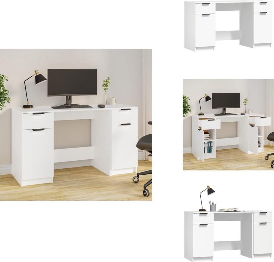 VidaXL Bureau Bureaus Tafel Computerbureau Bureau met bijzetkast bewerkt hout wit - Foto 2
