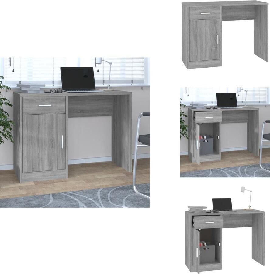 VidaXL Bureau Bureaus Tafel Computerbureau Bureau met kast en lade 100x40x73 cm bewerkt hout grijs sonoma - Foto 2