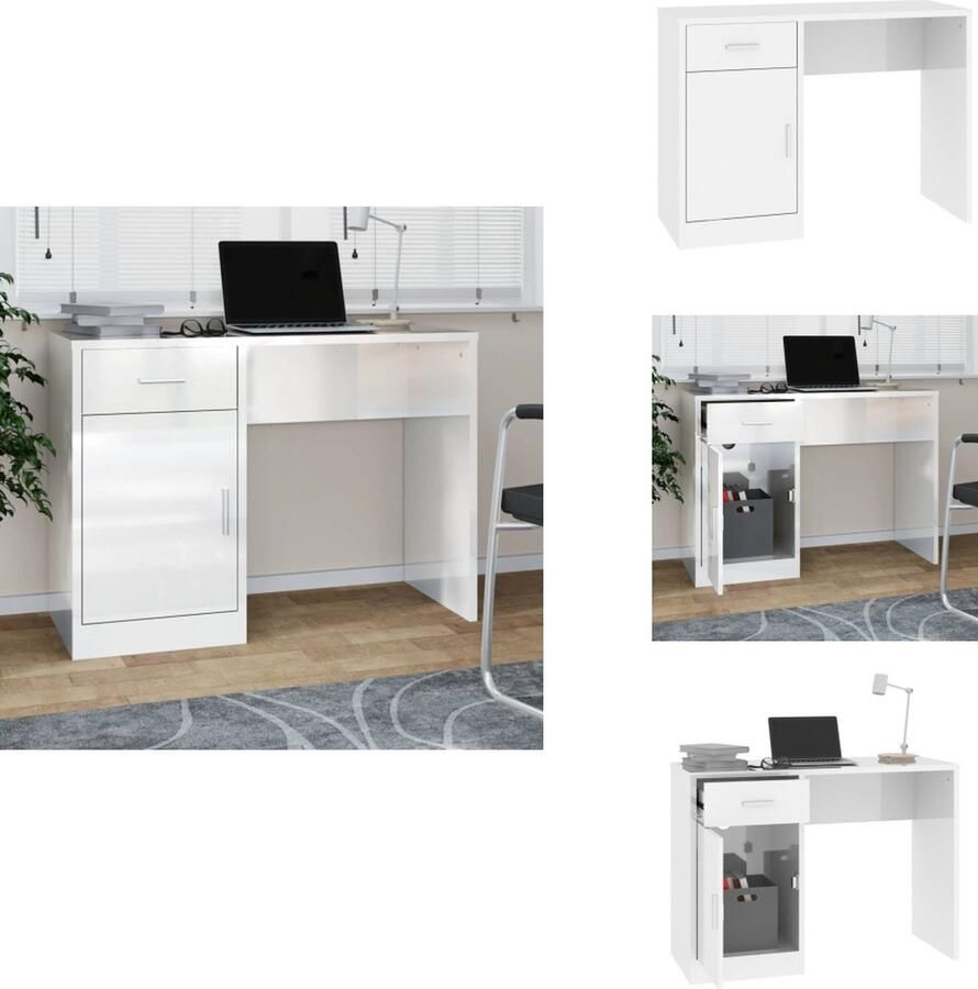VidaXL Bureau Bureaus Tafel Computerbureau Bureau met kast en lade 100x40x73 cm bewerkt hout hoogglans wit