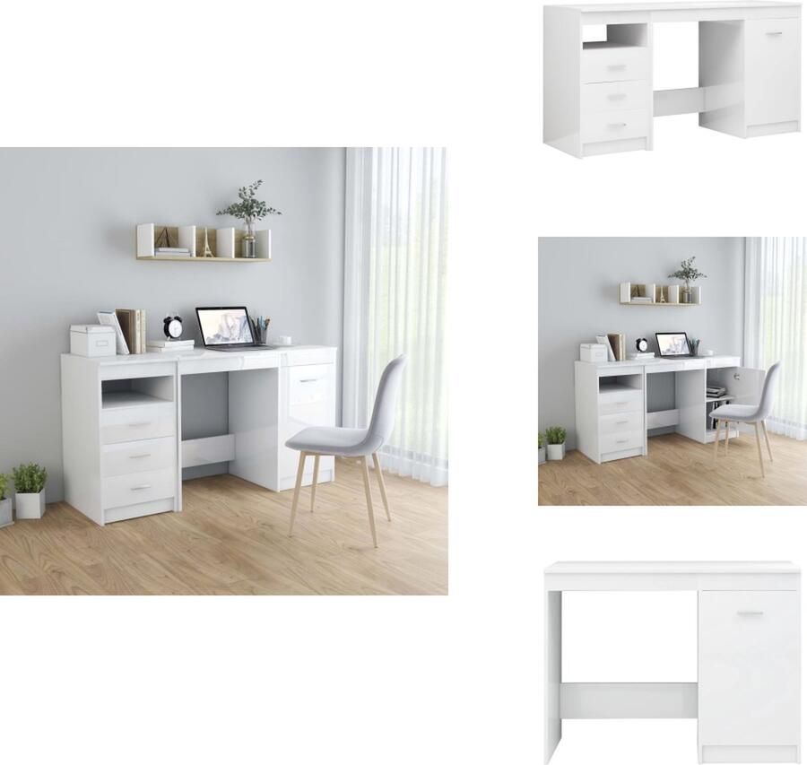 VidaXL Bureau Strak Modern Bureau met 3 Lades en 1 Vak Hoogglans Wit Spaanplaat 140 x 50 x 76 cm Bureau