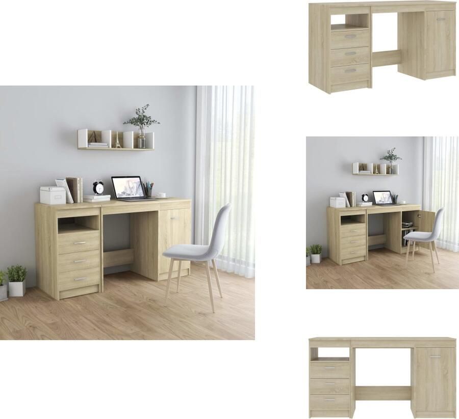 VidaXL Bureau Strak en modern Schrijftafel Afmetingen- 140 x 50 x 76 cm (B x D x H) Kleur- Sonoma eiken Materiaal- Spaanplaat Met 3 lades en 1 vak met deur Eenvoudig schoon te maken Montage vereist Inclusief bureau en kast Bureau