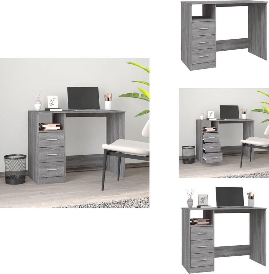 VidaXL Bureau Bureaus Tafel Tafels Bureau met lades 102x50x76 cm bewerkt hout grijs sonoma eiken - Foto 2