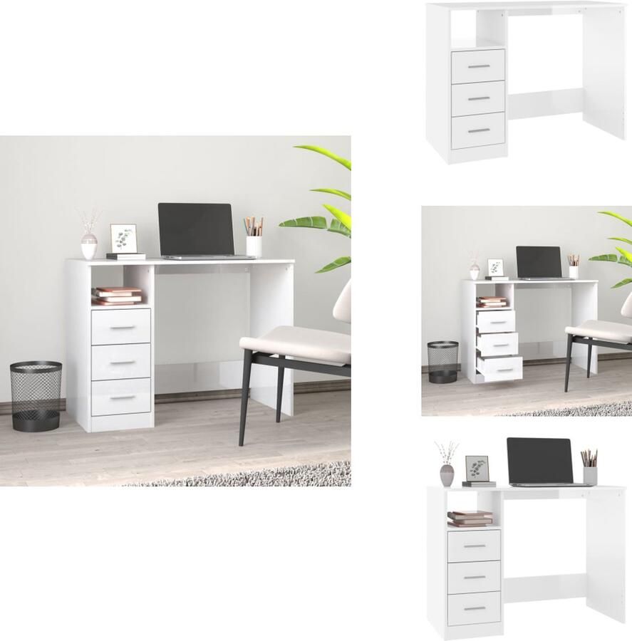 VidaXL Bureau Bureaus Tafel Tafels Bureau met lades 102x50x76 cm bewerkt hout hoogglans wit