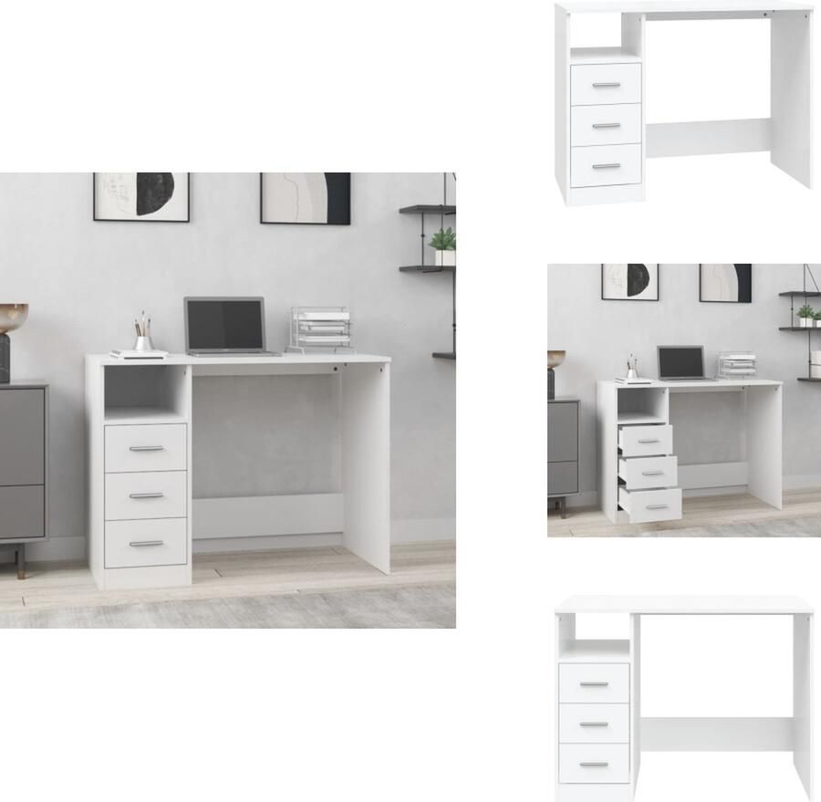 VidaXL Bureau Bureaus Tafel Tafels Bureau met lades 102x50x76 cm bewerkt hout wit - Foto 2