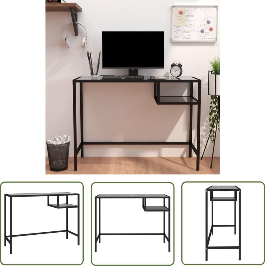 The Living Store Computerbureau 100x36x74 cm gehard glas zwartmarmerkleurig Computerbureau Bureau Glas Industrieel Modern - Foto 2