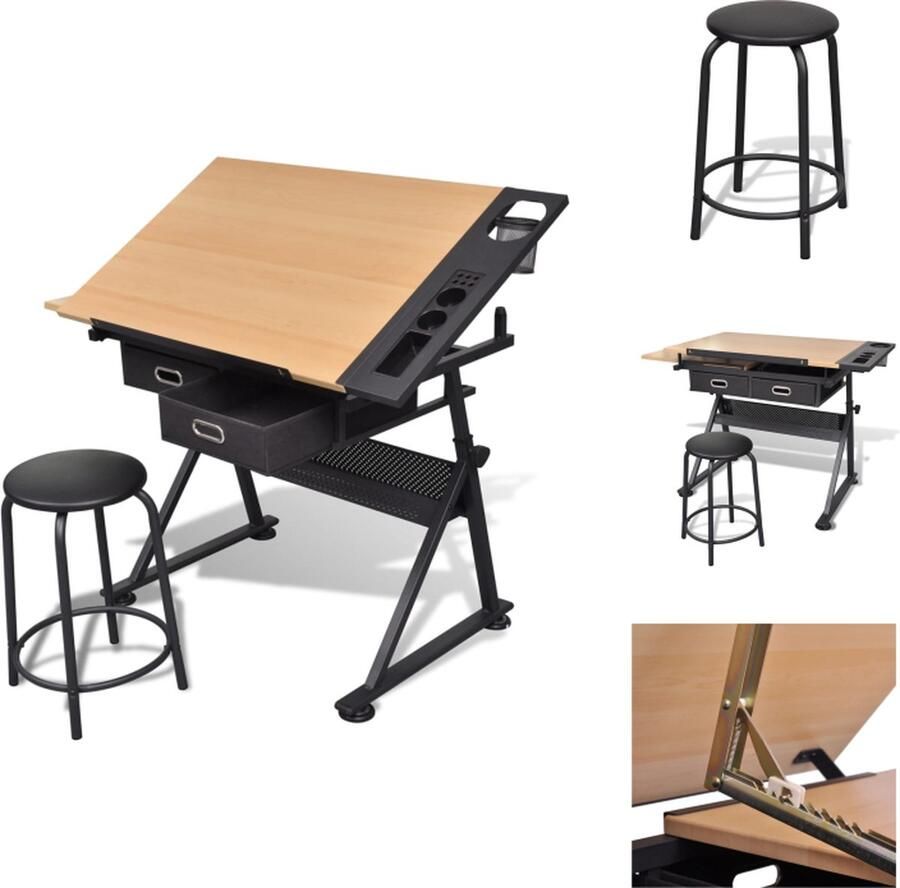 VidaXL Bureau Computerbureau Computer Bureau PC Bureau Tekentafel met 2 lades en kruk