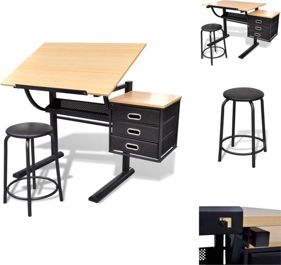 VidaXL Bureau Computerbureau Computer Bureau PC Bureau Tekentafel met kastje + kruk