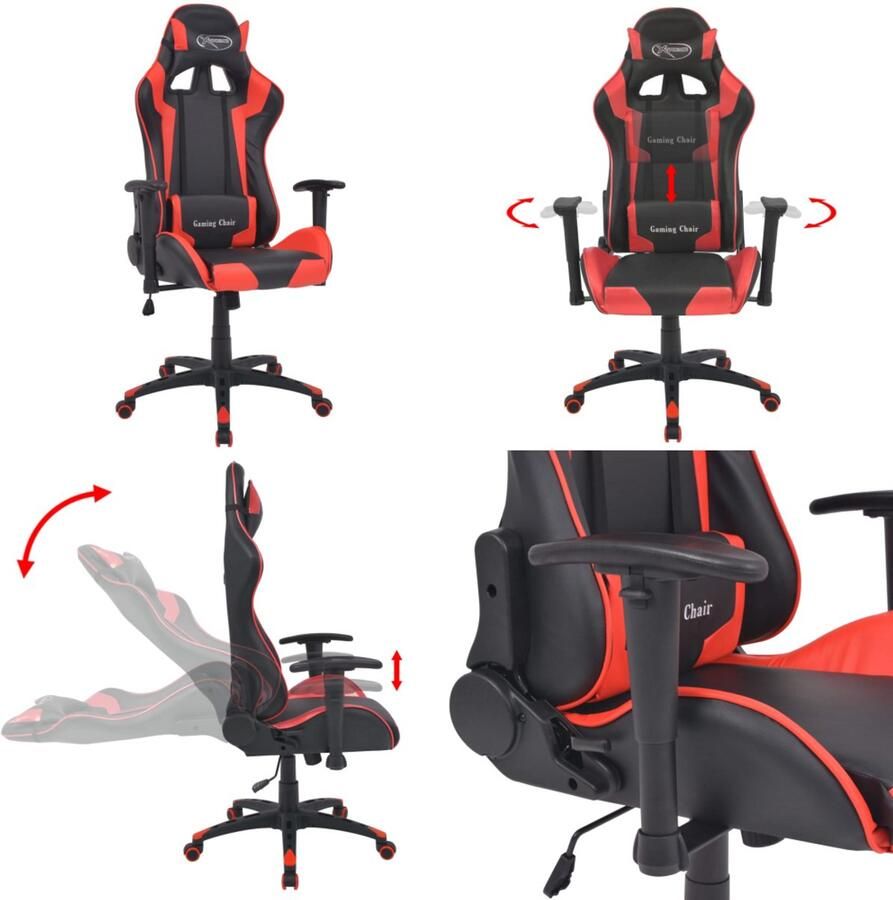 VidaXL Bureau- gamestoel verstelbaar kunstleer rood Kantoorstoel Kantoorstoelen Kantoor Stoel Kantoor Stoelen