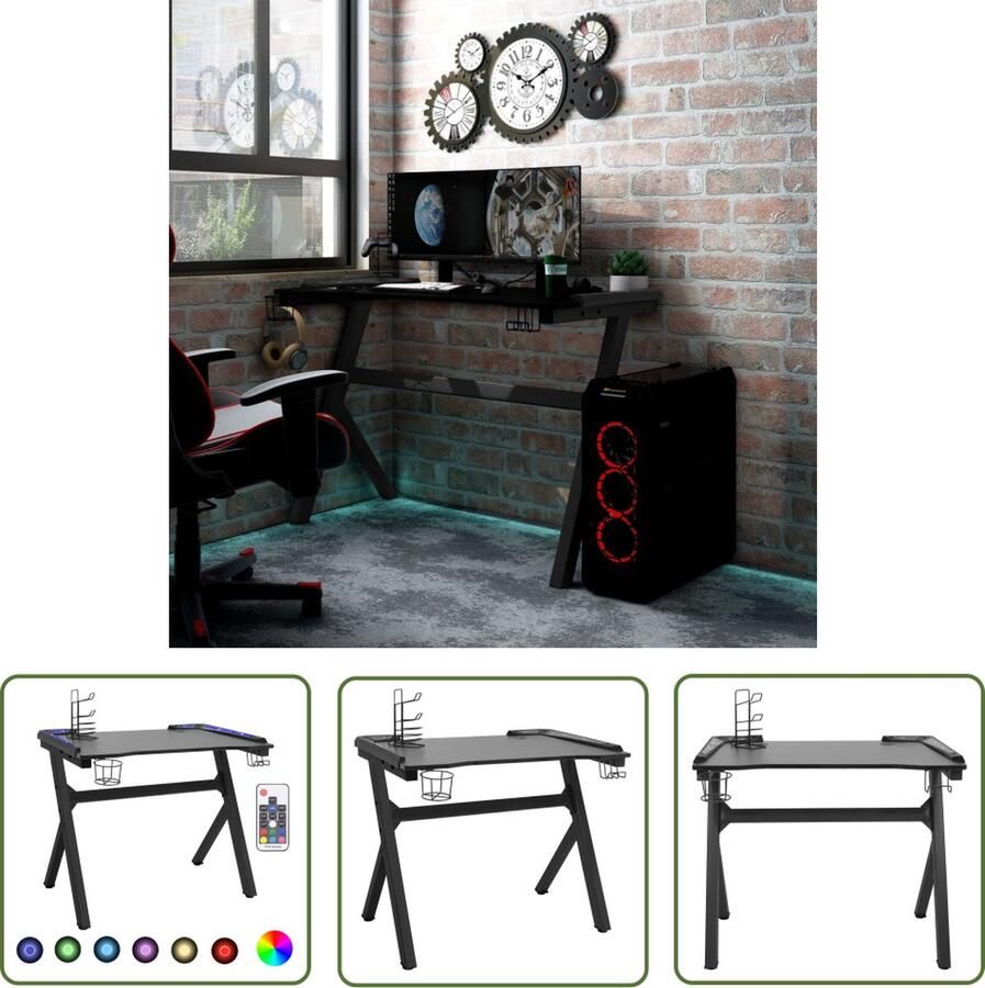 The Living Store Gamingbureau LED Ergonomisch Koptelefoonrek Bekerhouder Ruimte voor monitors en game-apparatuur Zwart 90x60x75cm Gamingbureau Led Bureau Zwart Ergonomisch Bureau Gaming Accessoires - Foto 2