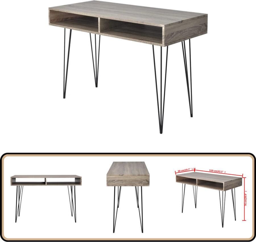 The Living Store Bureau Grijs en Eik 110x55x76 cm (L x B x H) Met 2 compartimenten Kantoormeubilair Bureau Houten Bureau Grijze Bureau Multifunctioneel Bureau - Foto 2