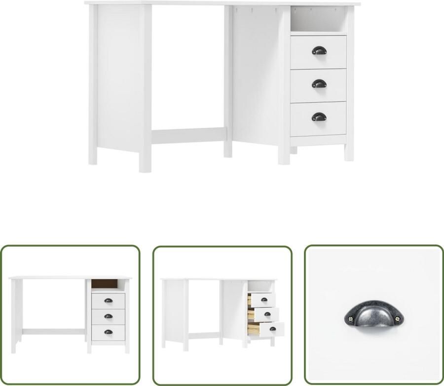 VidaXL Bureau Hill 3 lades 120x50x74 cm Wit Computerbureau Bureaublad Schrijfbureau Home Office Werkplek