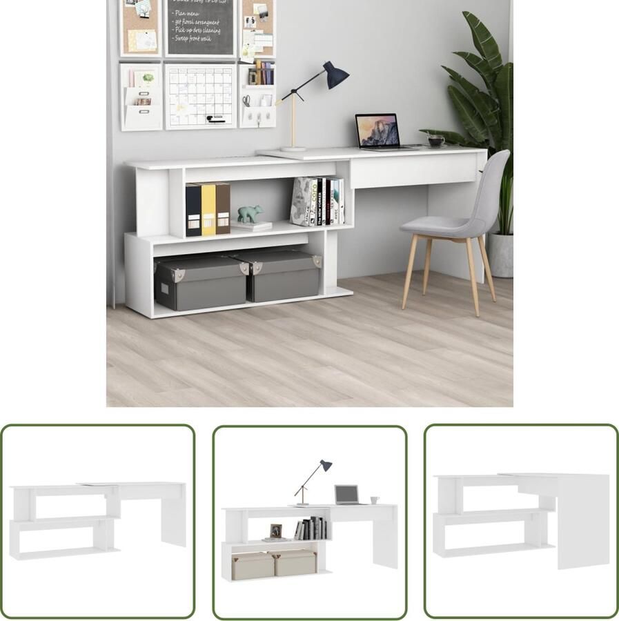 The Living Store Bureau Modern Hoekbureau 200x50x76 cm Draaibaar Wit Bewerkt hout Hoekenbureau Bureau Werkblad Houten Bureau Compact Bureau - Foto 2