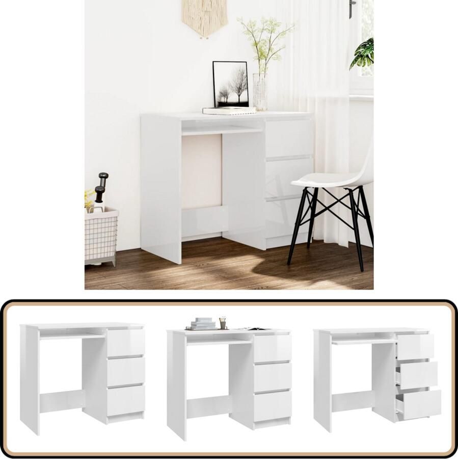 VidaXL Bureau Hoogglans Wit 90x45x76 cm 3 Lades Kantoorbureau Bureau Houten Bureau Witte Bureau Compact Bureau Studentenkamer Thuiswerkplek Opslagruimte Designbureau Modern Bureau Minimalistisch Bureau