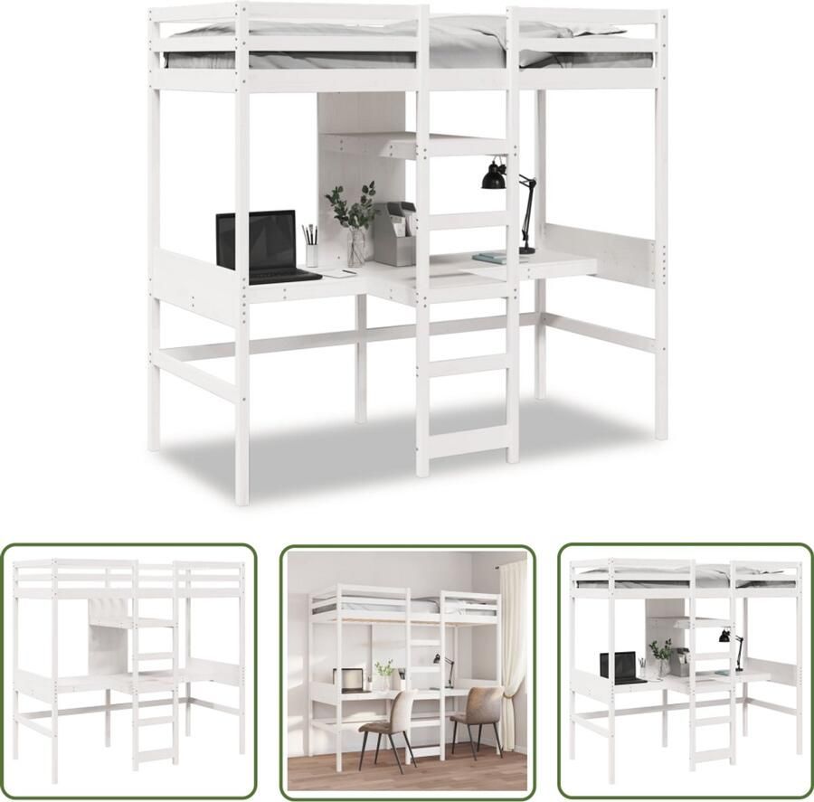 VidaXL Bureau Hoogslaper met bureau en schappen grenenhout wit 90x200cm Boekenkast Kinderkamer Tweepersoonsslaapbank