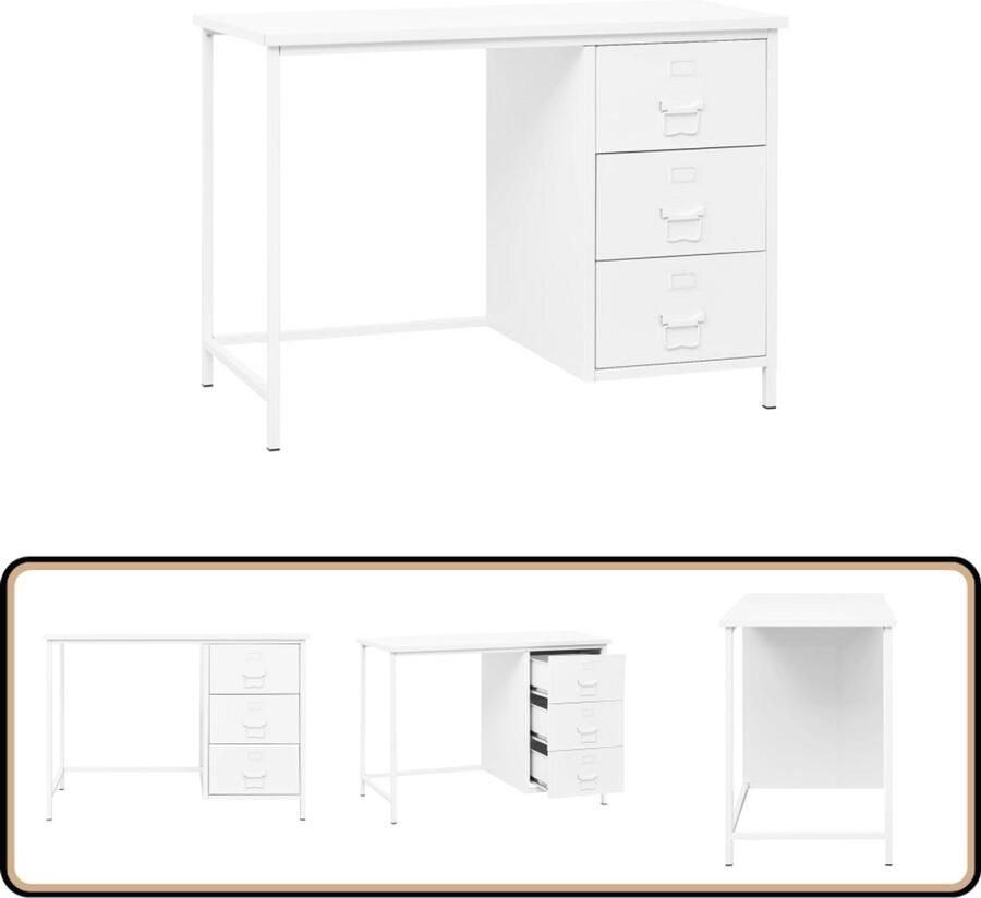 VidaXL Bureau industrieel 3 lades wit 105x52x75 cm Industriele Bureau Staal Schrijfbureau Bureau Wit Bureau Met Lades