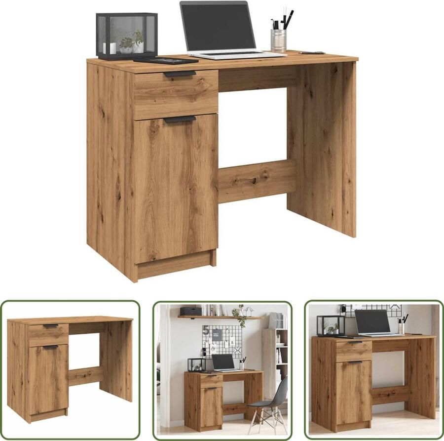 The Living Store Bureau 100x50x75 cm bewerkt hout artisanaal eikenkleur Kantoormeubel Bureau Houten Bureau Eiken Kleur Minimalistisch Bureau