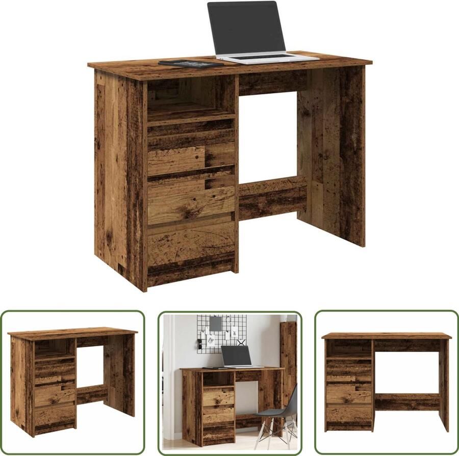 The Living Store Bureau 102x50x75 cm bewerkt hout oud houtkleurig Kantoormeubel Bureau Houten Bureau Werkplek Thuiswerk