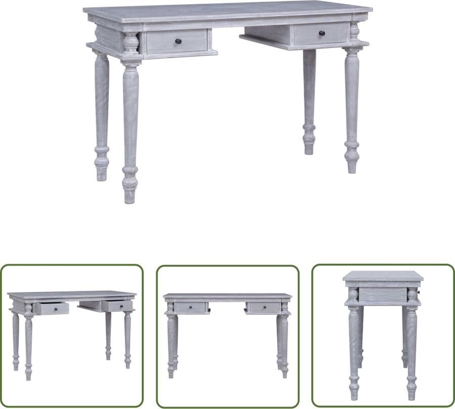 The Living Store Bureau Gretta Bureau 115x50x78 cm grijs massief mahoniehout Kantoormeubel Bureau Houten Bureau Grijze Bureau Mid-century Modern