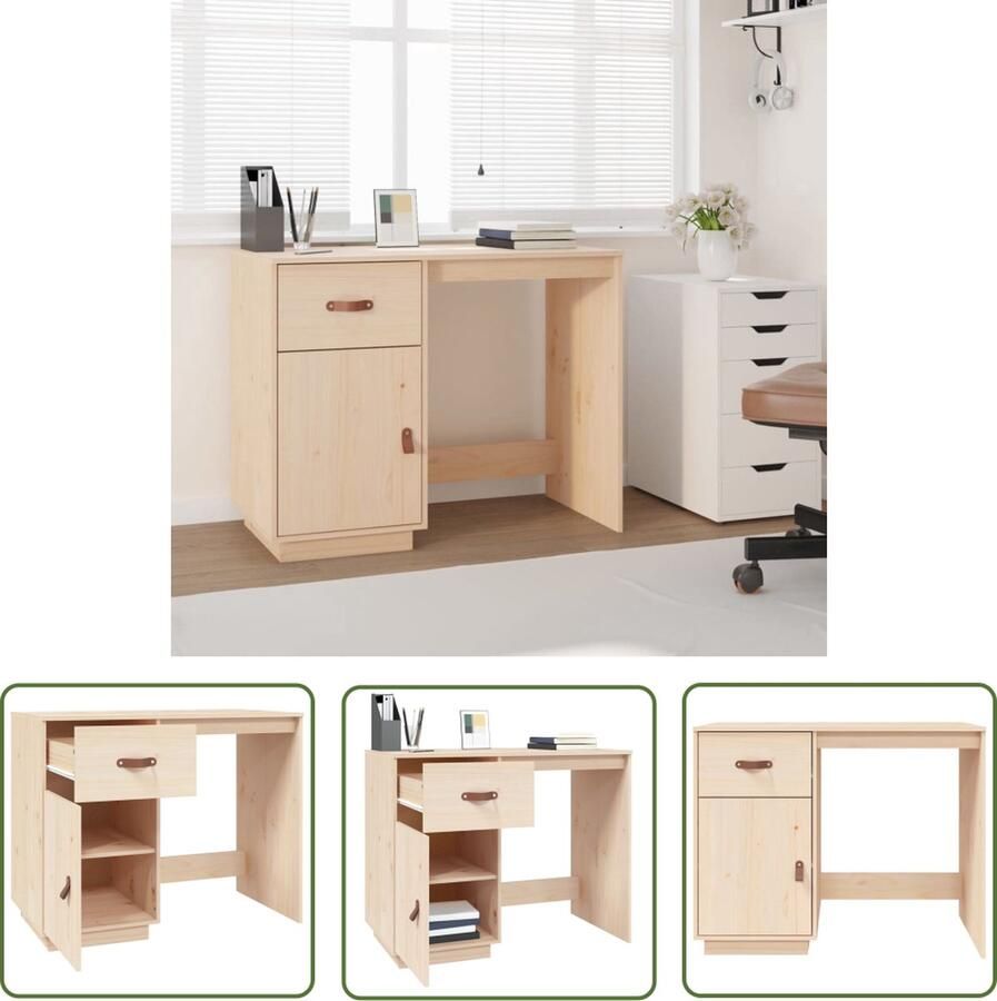 The Living Store Bureau 95x50x75 cm massief grenenhout Kantoormeubel Bureau Houten Bureau Schrijftafel Home Office - Foto 2